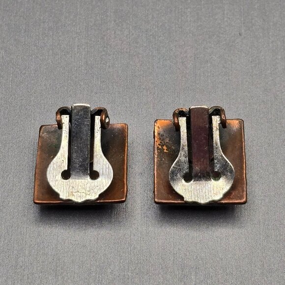 VTG Bell Trading Post Copper Clip-On Earrings Turquoise Brutalist Square - Picture 5 of 13